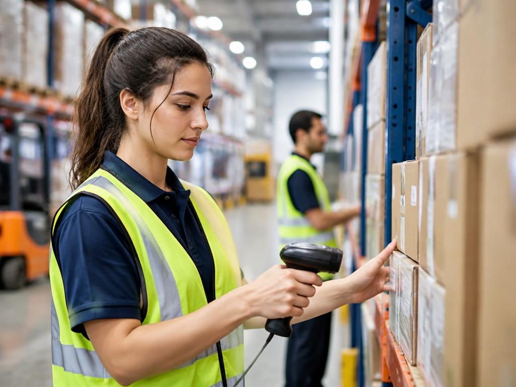 Frontline logistics worker scanning inventory in a distribution warehouse