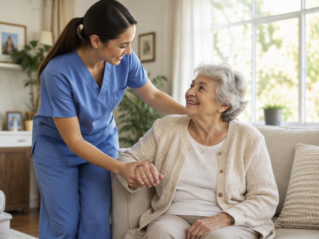 Home health caregiver supporting an elderly patient